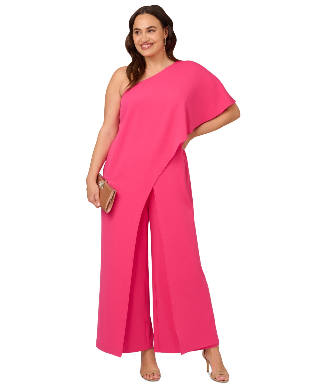 Shop Adrianna Papell Plus Size One Shoulder Draped Wide Leg Jumpsuit In Watermelon