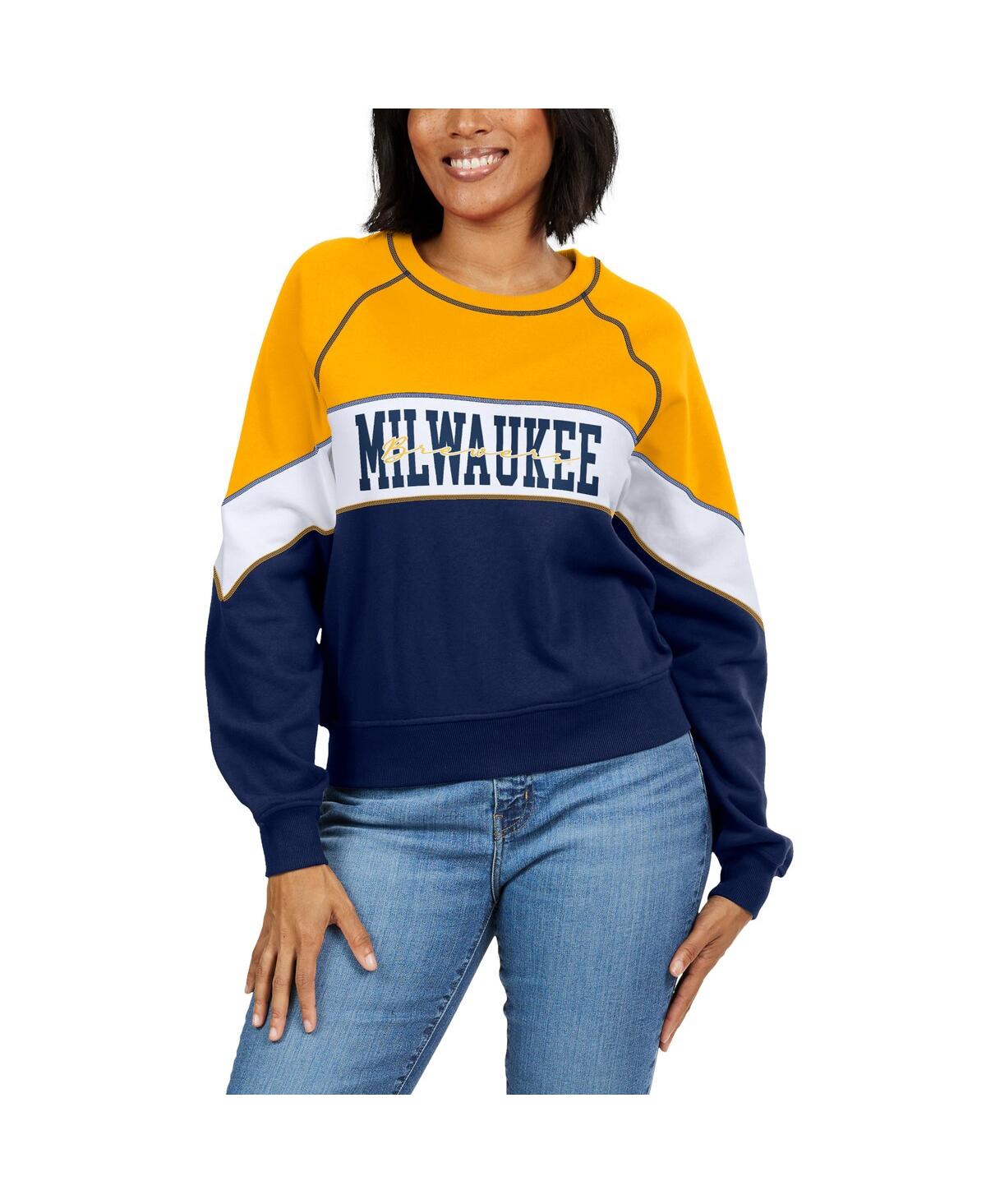 Shop Wear By Erin Andrews Women's  Gold, Navy Milwaukee Brewers Crewneck Pullover Sweatshirt In Gold,navy