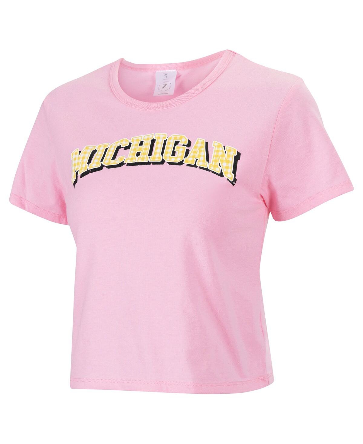 Shop Zoozatz Women's  Pink Michigan Wolverines Gingham Logo Cropped T-shirt