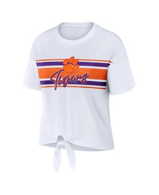 Women's White Clemson Tigers Striped Front Knot Cropped T-shirt