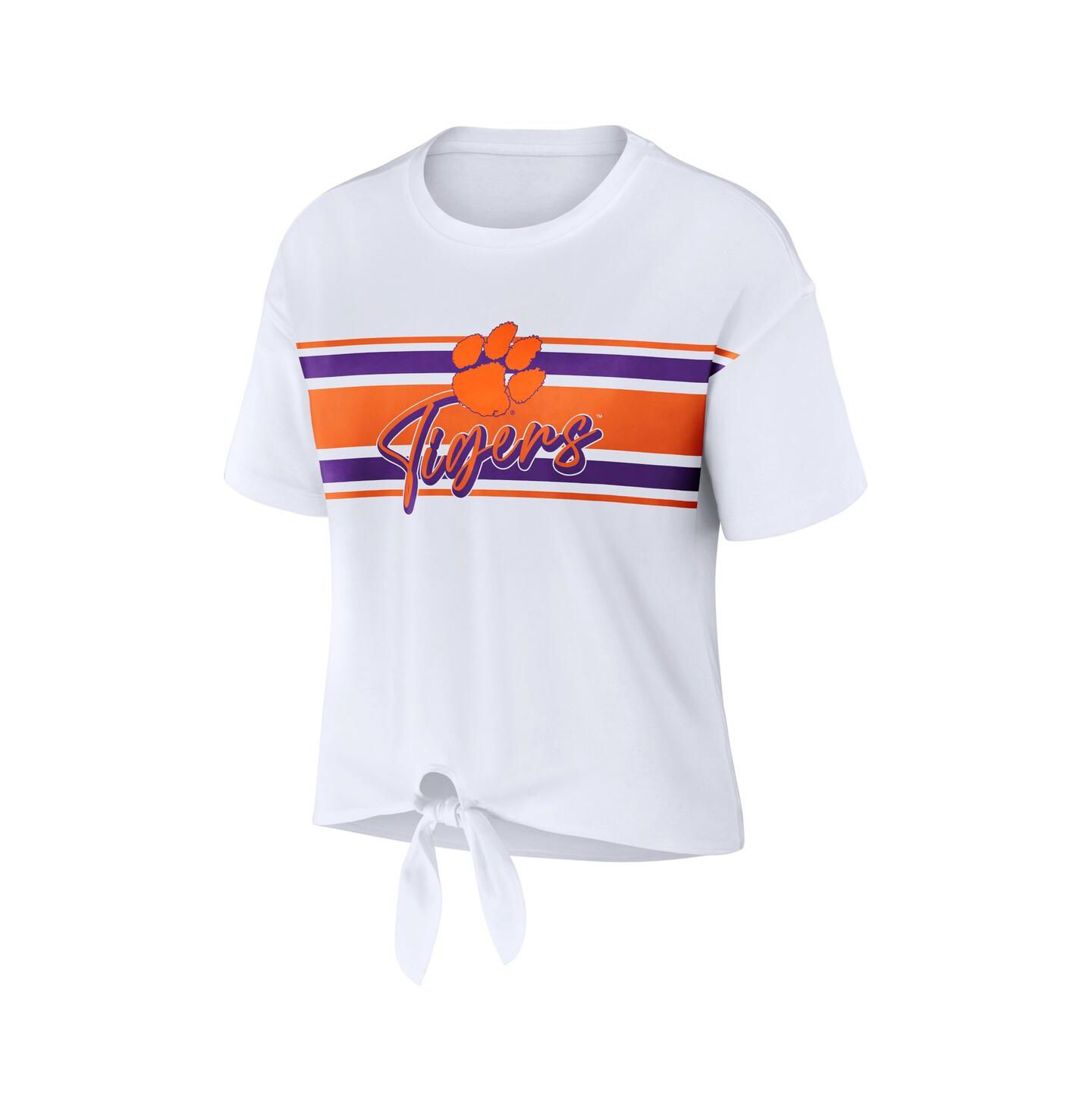 Женская футболка WEAR by Erin Andrews White Clemson Tigers Striped Front Knot Cropped — фото 3