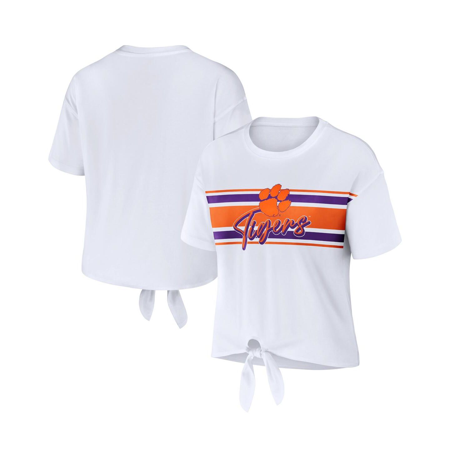 Женская футболка WEAR by Erin Andrews White Clemson Tigers Striped Front Knot Cropped — фото 1
