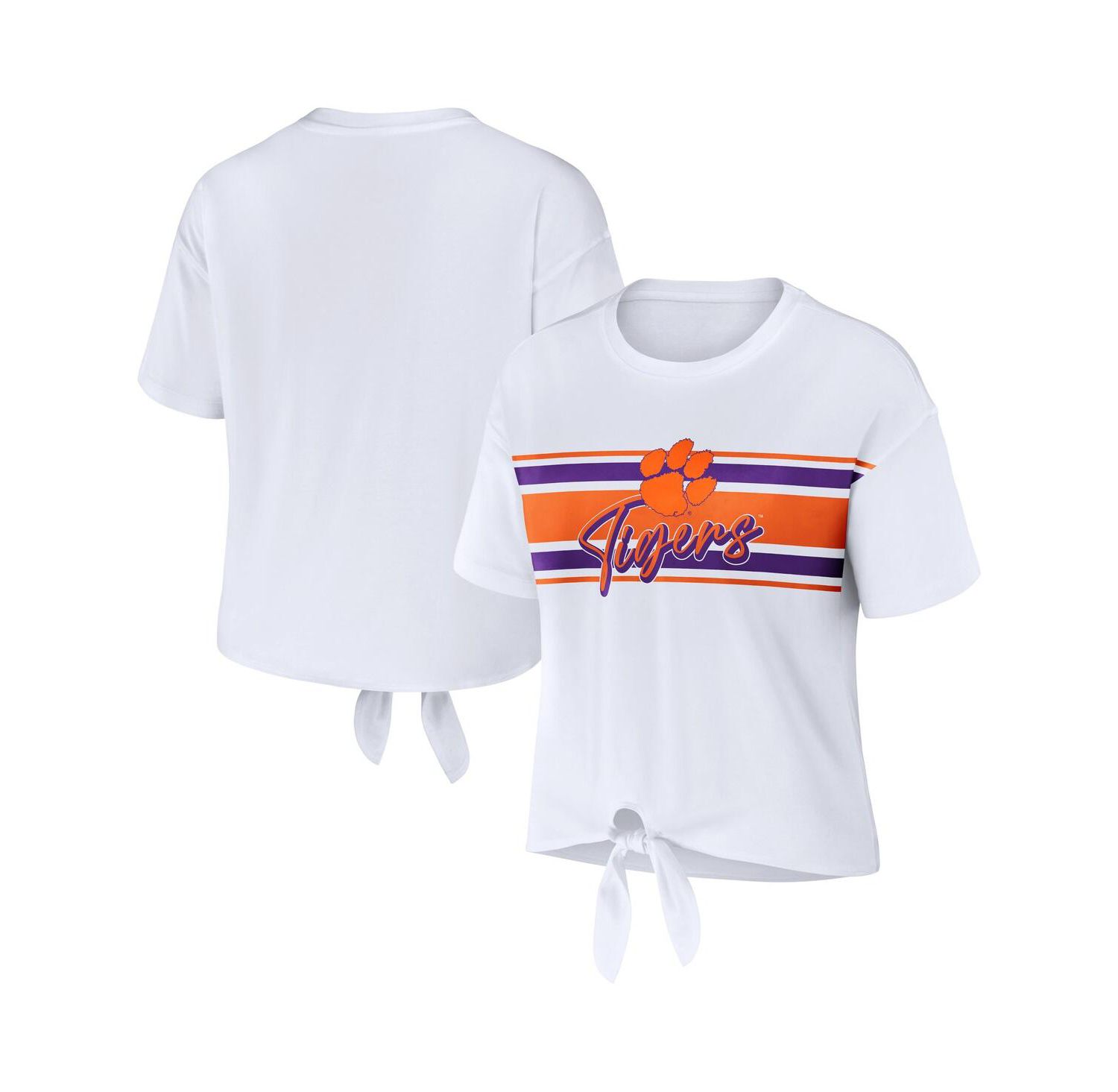 Women's White Clemson Tigers Striped Front Knot Cropped T-shirt
