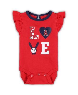 Baby Boys and Girls Red, Navy Los Angeles Angels Three-Piece Love of Baseball Bib Bodysuit and Booties Set
