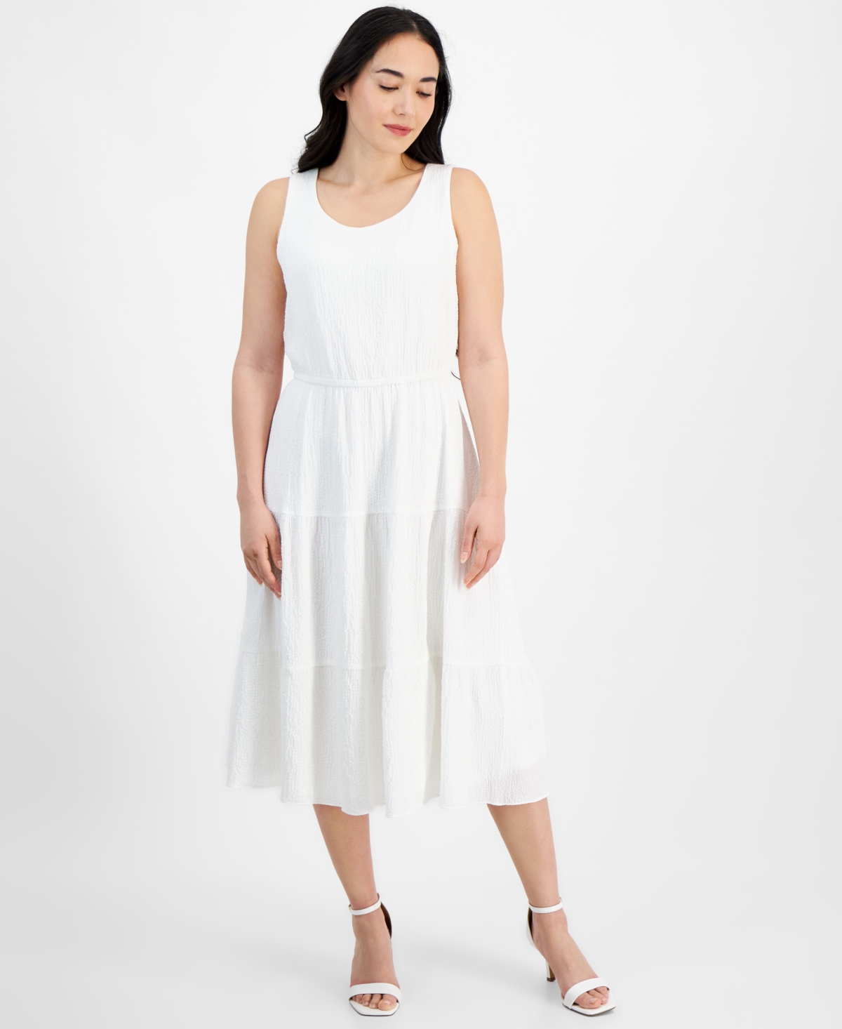 Shop Ak Anne Klein Petite Scoop-neck Sleeveless Tiered Midi Dress In Bright White