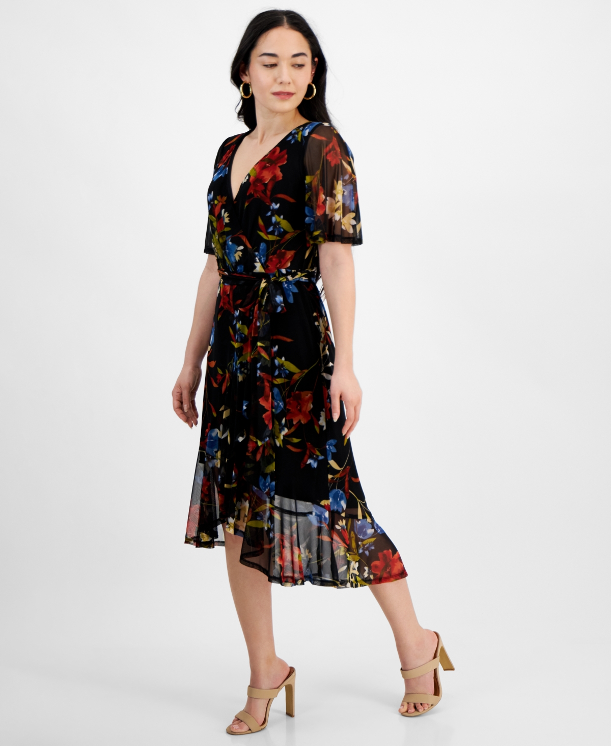 Shop Connected Petite Floral High-low Wrap Sheath Dress In Spice