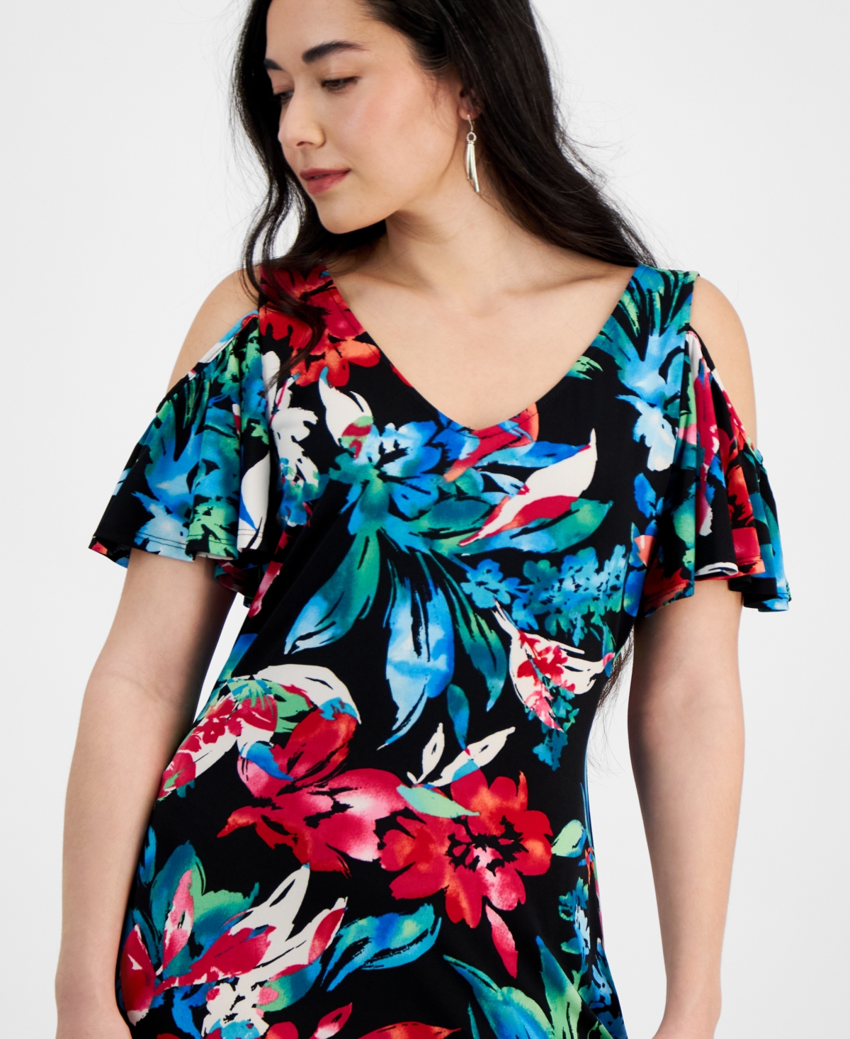 Shop Connected Petite Floral Cold-shoulder Maxi Dress In Black