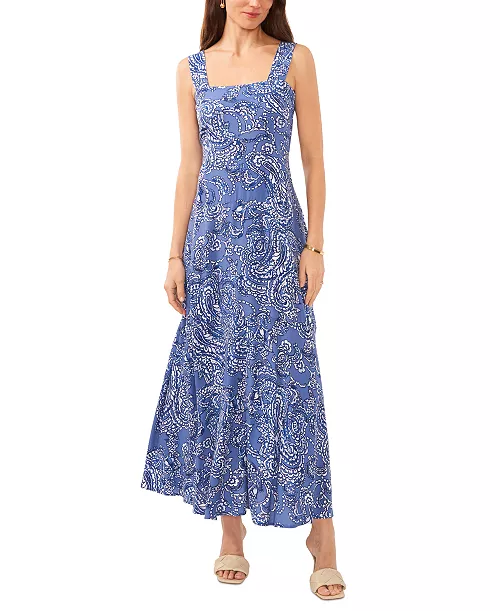 women's printed square-neck smocked-back maxi dress
