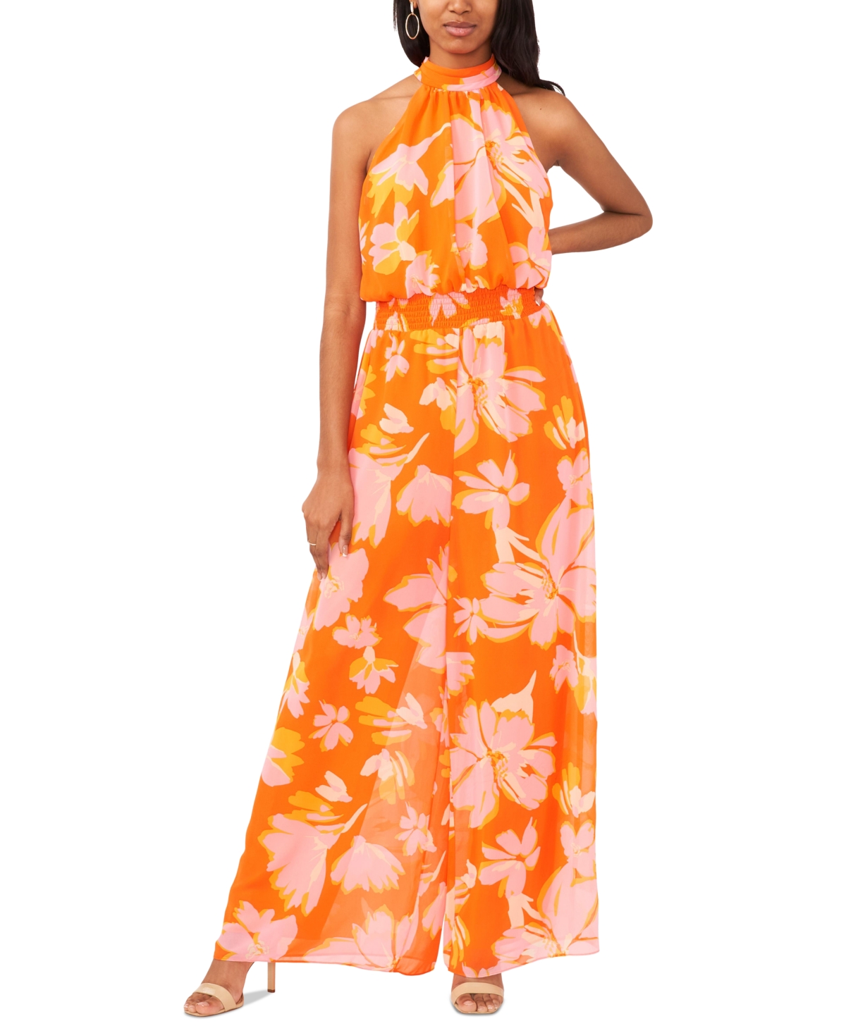 Shop Vince Camuto Women's Floral Halter Smocked Jumpsuit In Orange Floral