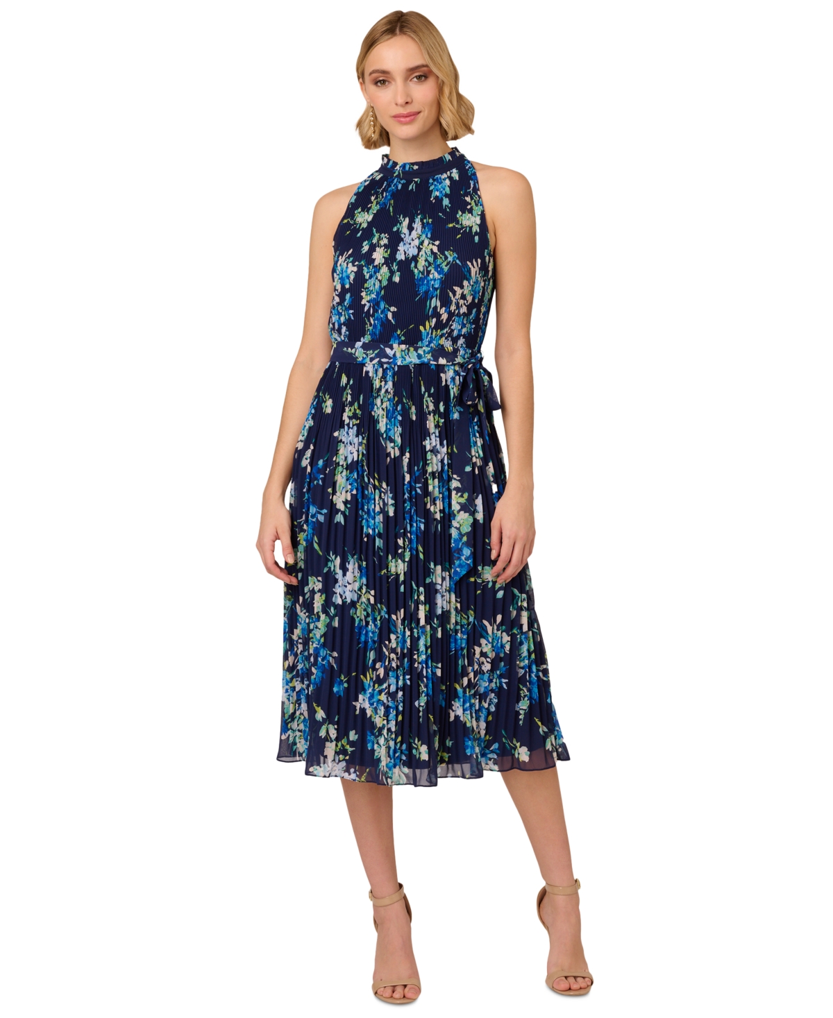 Shop Adrianna Papell Women's Floral Pleated Chiffon Dress In Navy Multi