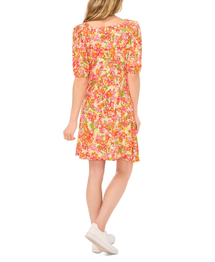 Square neck printed puff sleeve holiday dress