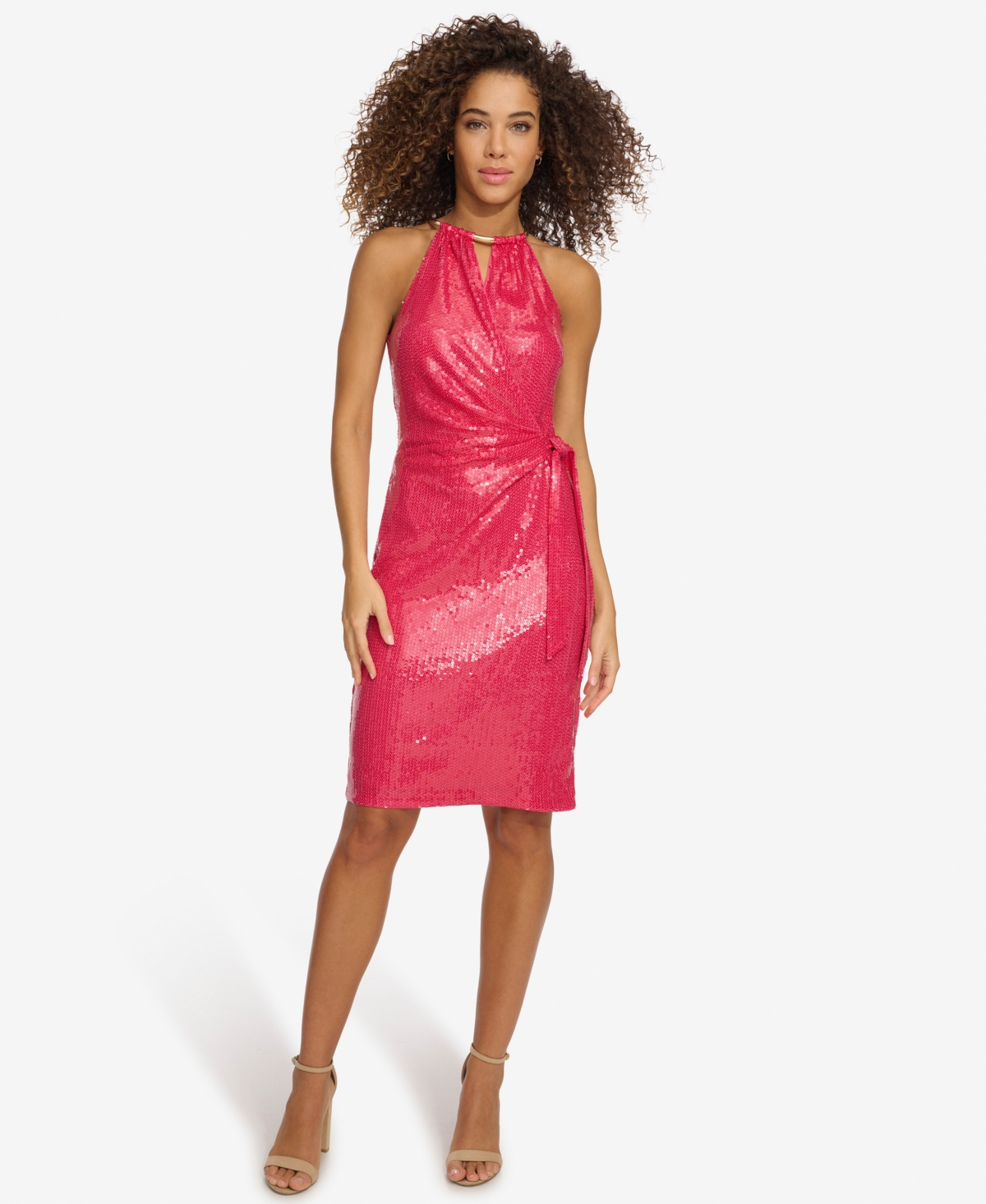 Women's Sequined Faux-Wrap Sheath Dress - Dark Pink
