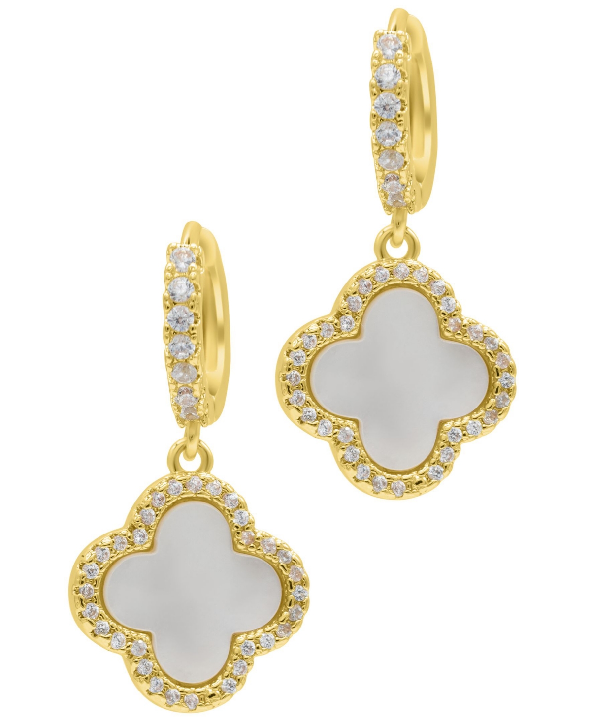 14K Gold-Plated Crystal Halo White Mother-of-Pearl Clover Dangle Huggie Earrings - White