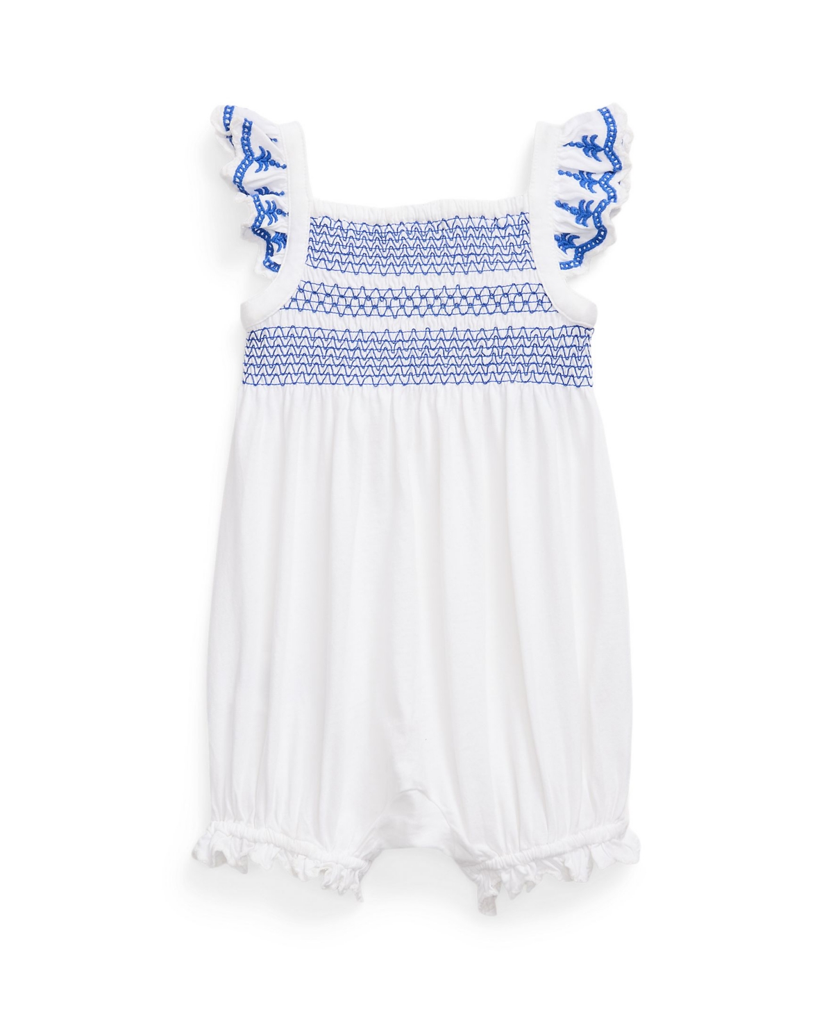 Shop Polo Ralph Lauren Baby Girls Smocked Eyelet Cotton Bubble Shortall In White With Brilliant Sapphire