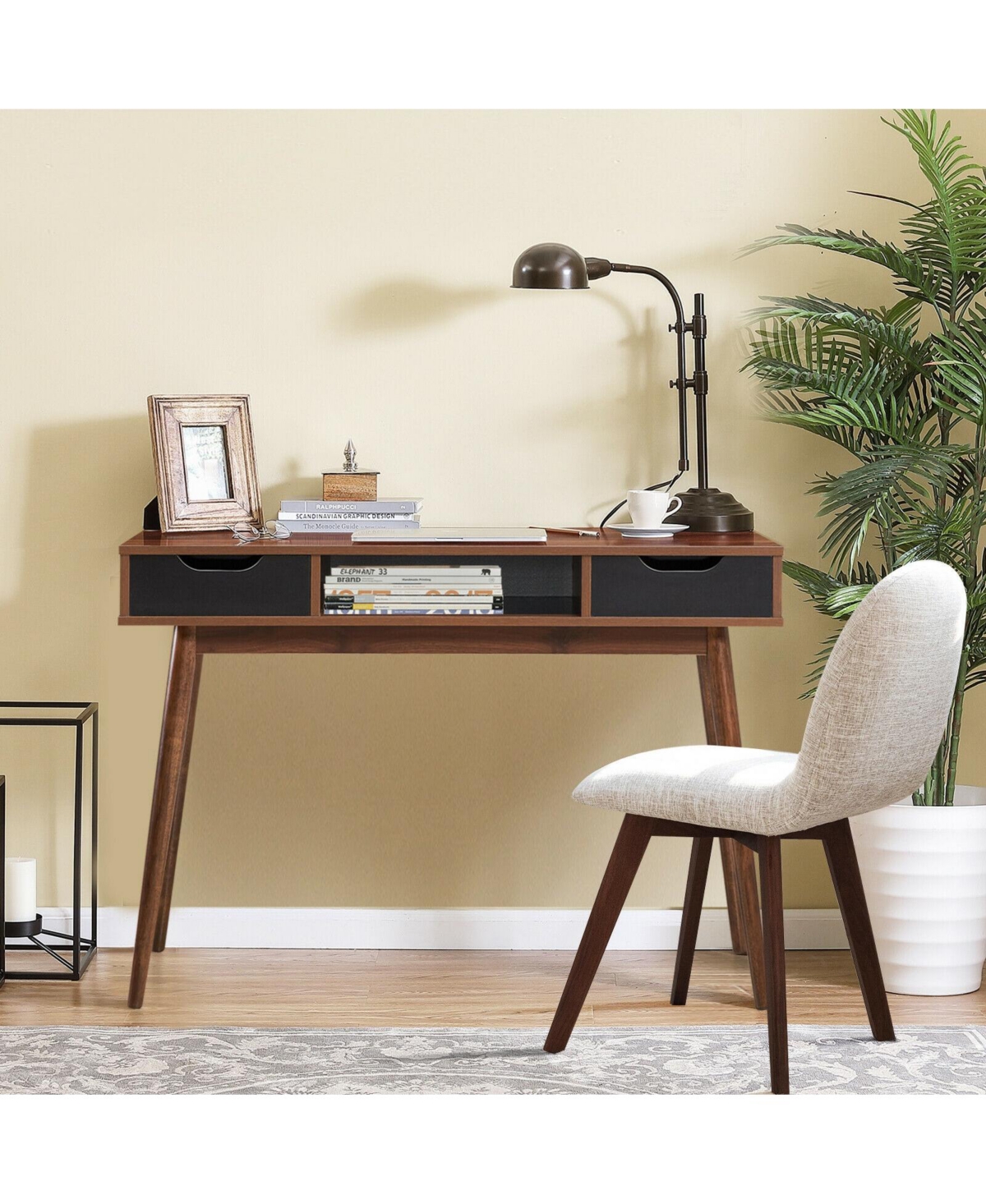 Stylish Computer Desk Workstation with 2 Drawers and Solid Wood Legs