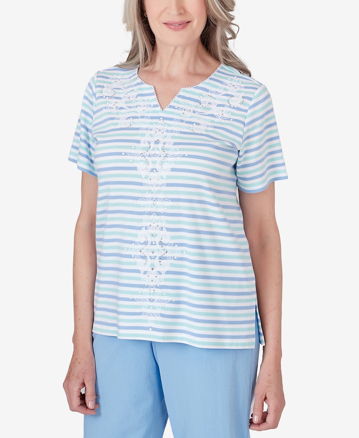 Alfred Dunner Petite HyannisportStripe Medallion Top - Multi
