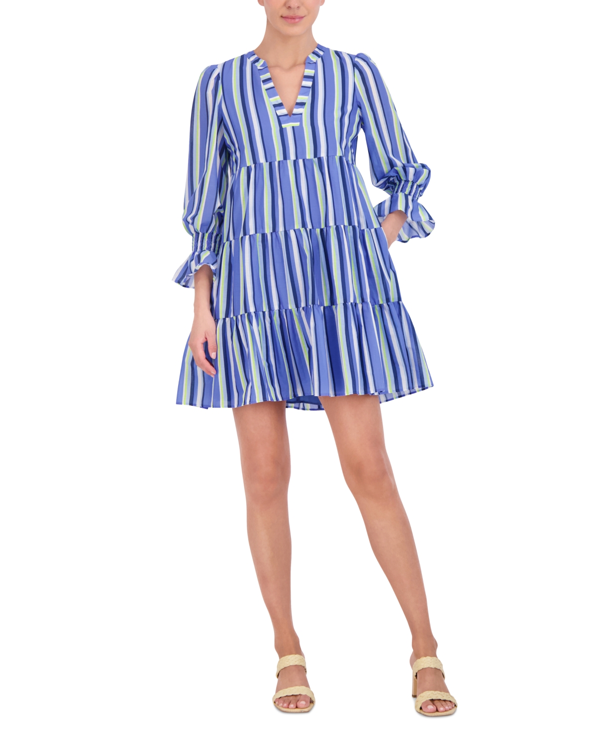 Women's Striped Smocked-Sleeve Tiered Dress - Blue