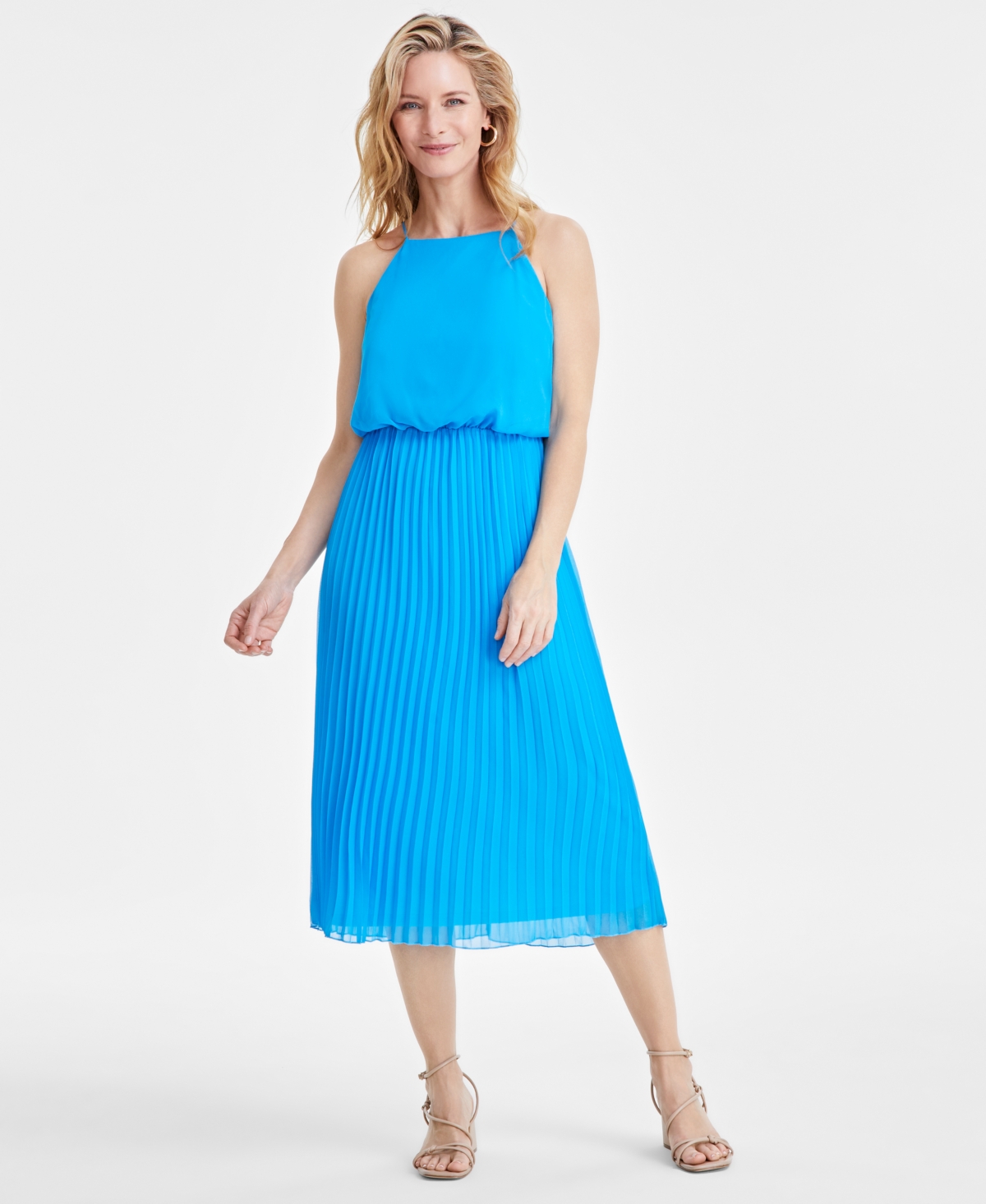 Shop Sam Edelman Women's Blouson Pleated Midi Dress In Blue
