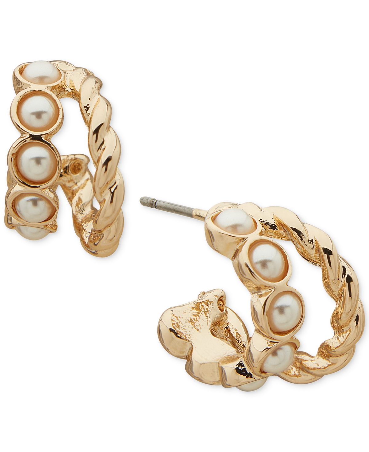 Gold-Tone Small Imitation Pearl Double-Row C-Hoop Earrings, 0.56" - Pearl