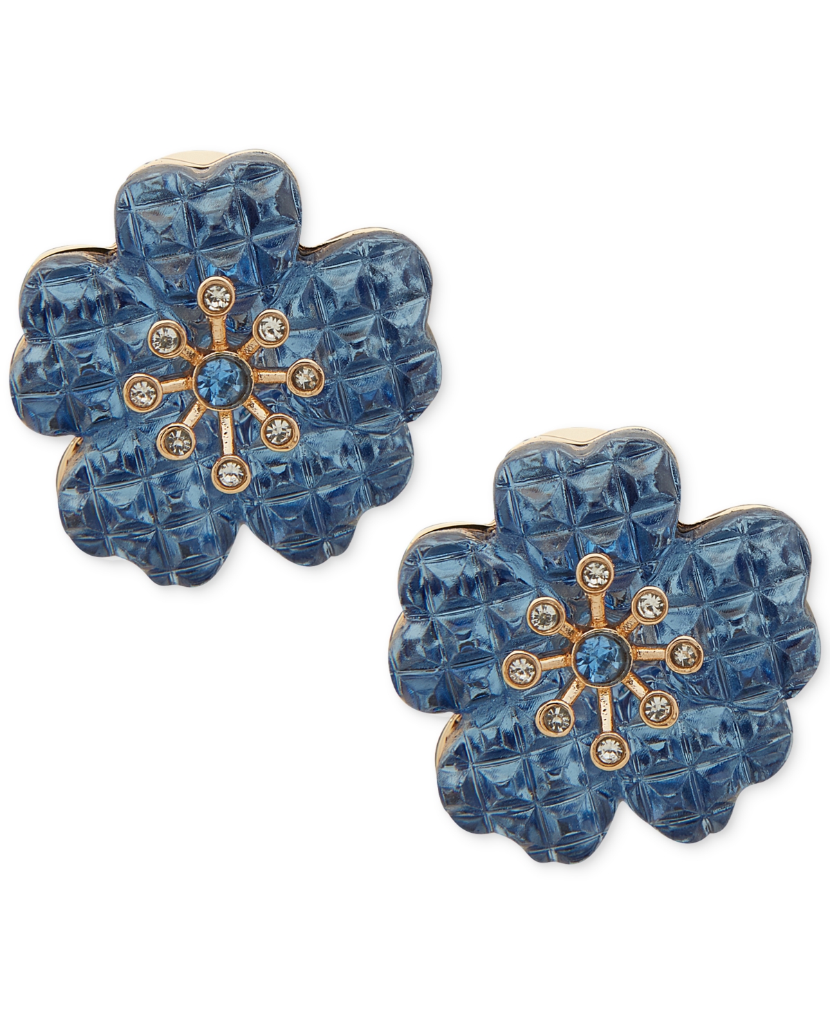 Gold-Tone Pave & Blue Crystal Flower Clip-On Button Earrings - Blue