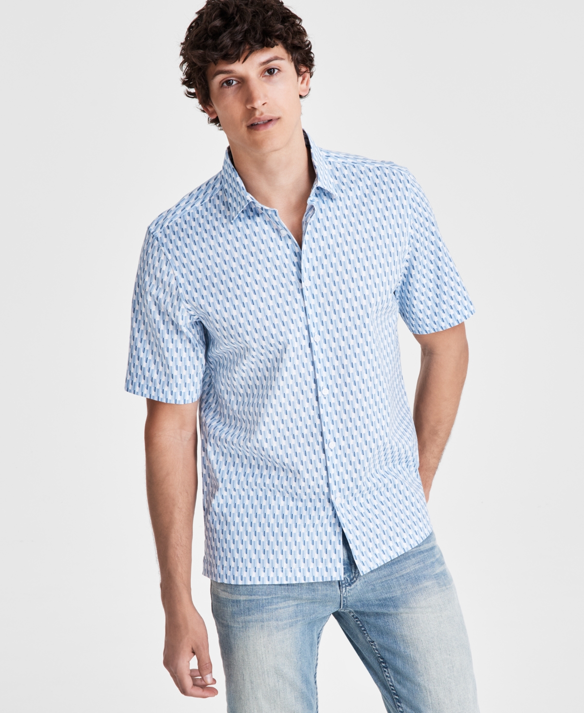 Shop Alfani Men's Regular-fit Geo-print Button-down Shirt, Created For Macy's In Croquis