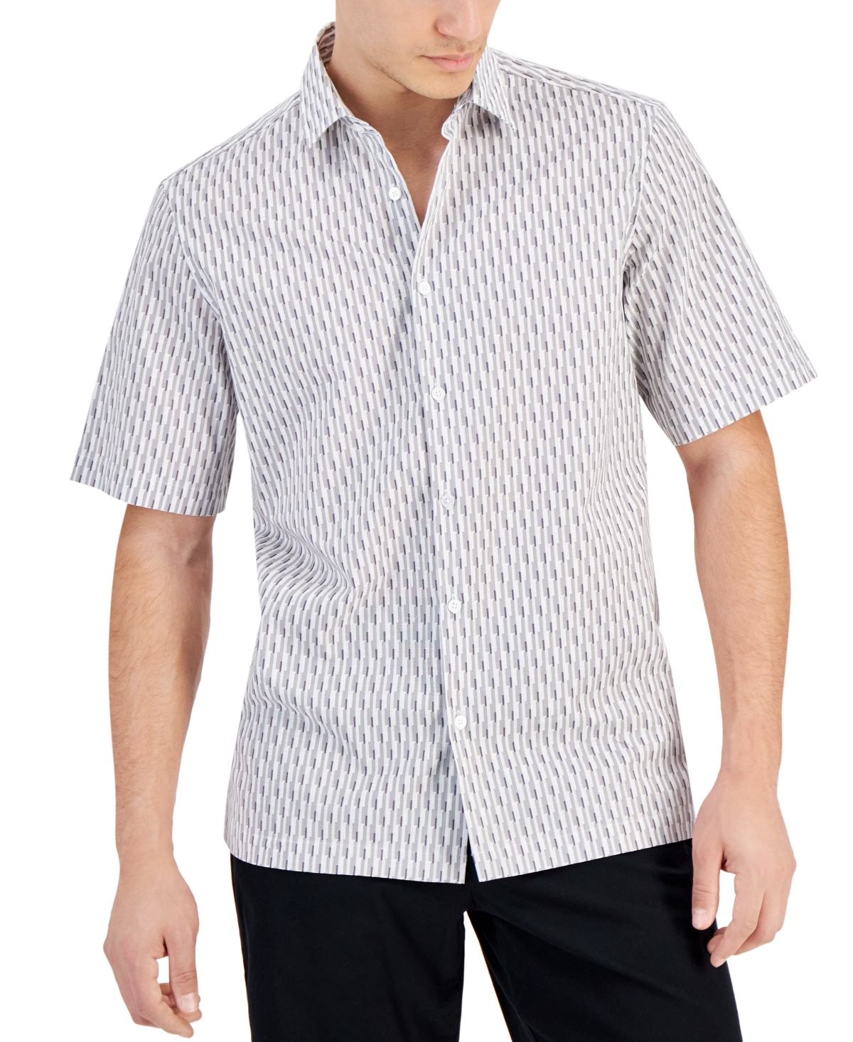 Alfani Men's Regular-fit Geo-print Button-down Shirt, Created For Macy's In Gery Fog