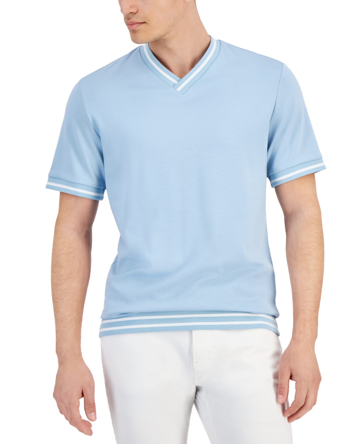 Men's Regular-Fit Tipped Ponte-Knit V-Neck T-Shirt, Created for Macy's - Sparrow Blue