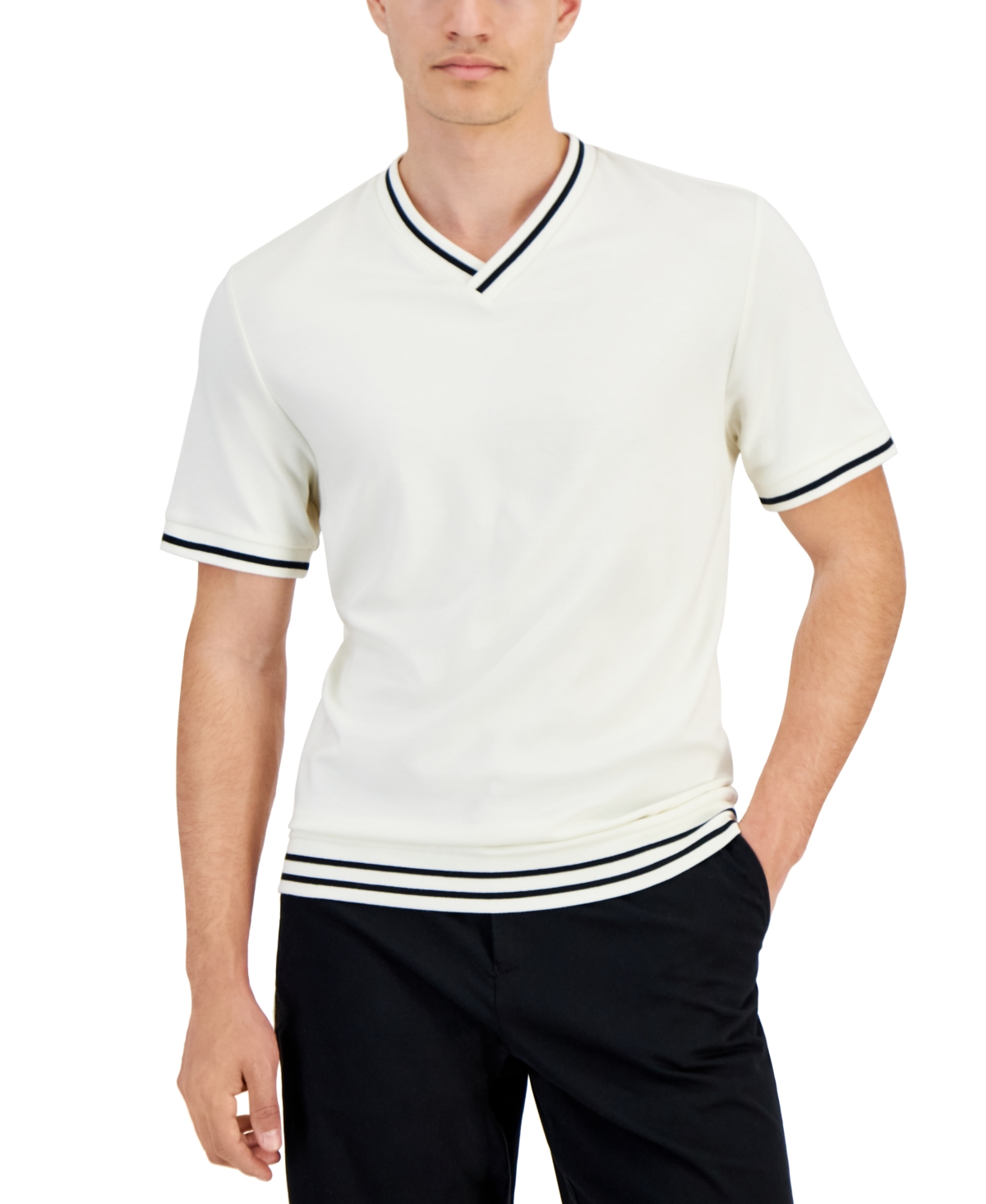 Shop Alfani Men's Regular-fit Tipped Ponte-knit V-neck T-shirt, Created For Macy's In Vanilla Ice