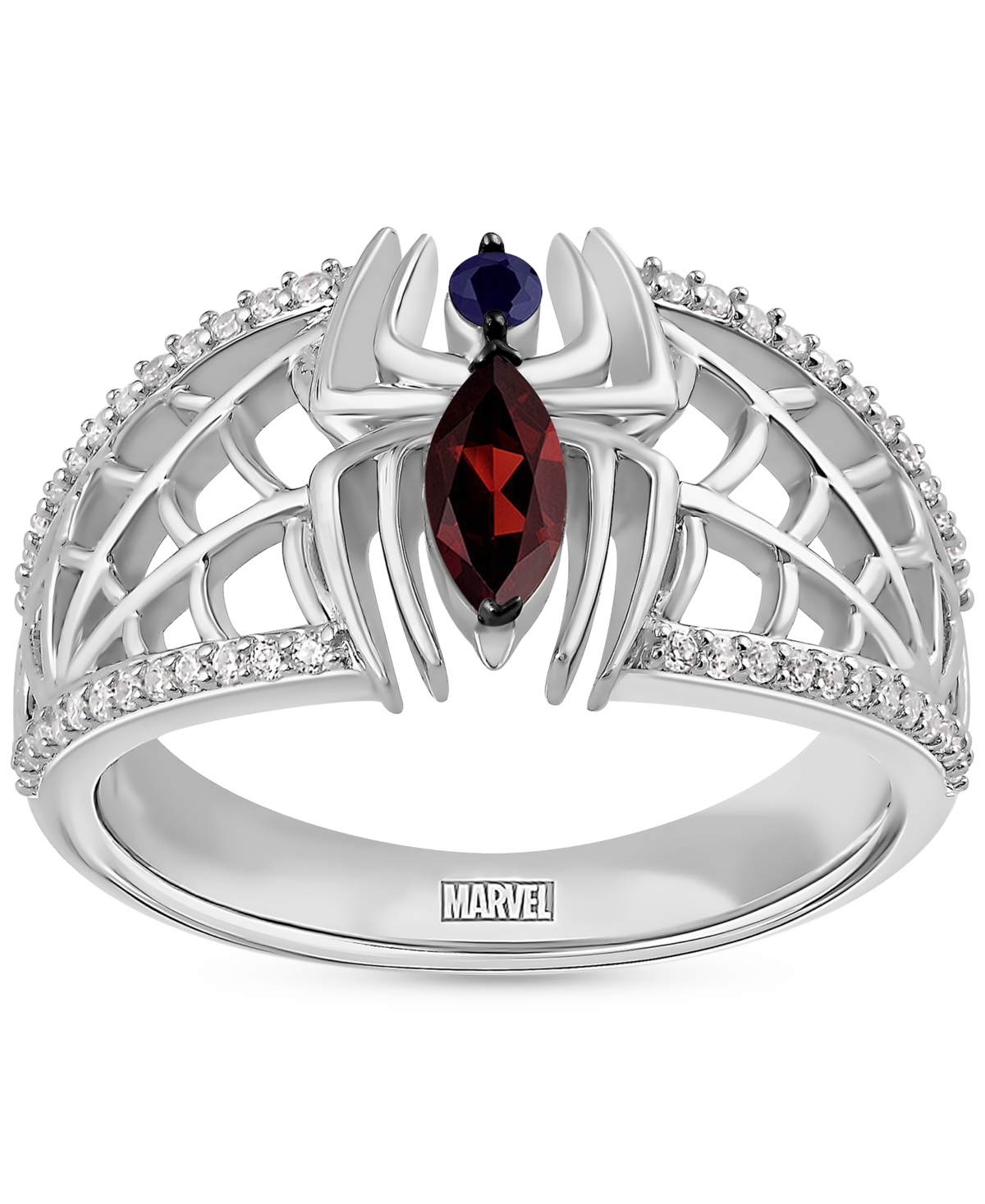 Wonder Fine Jewelry Garnet (1/4ct. T.w.) Sapphire (1/20 Ct. T.w.) & Diamond (1/6 Ct. T.w.) Spiderman Ring In Sterling Si In Sterling Silver