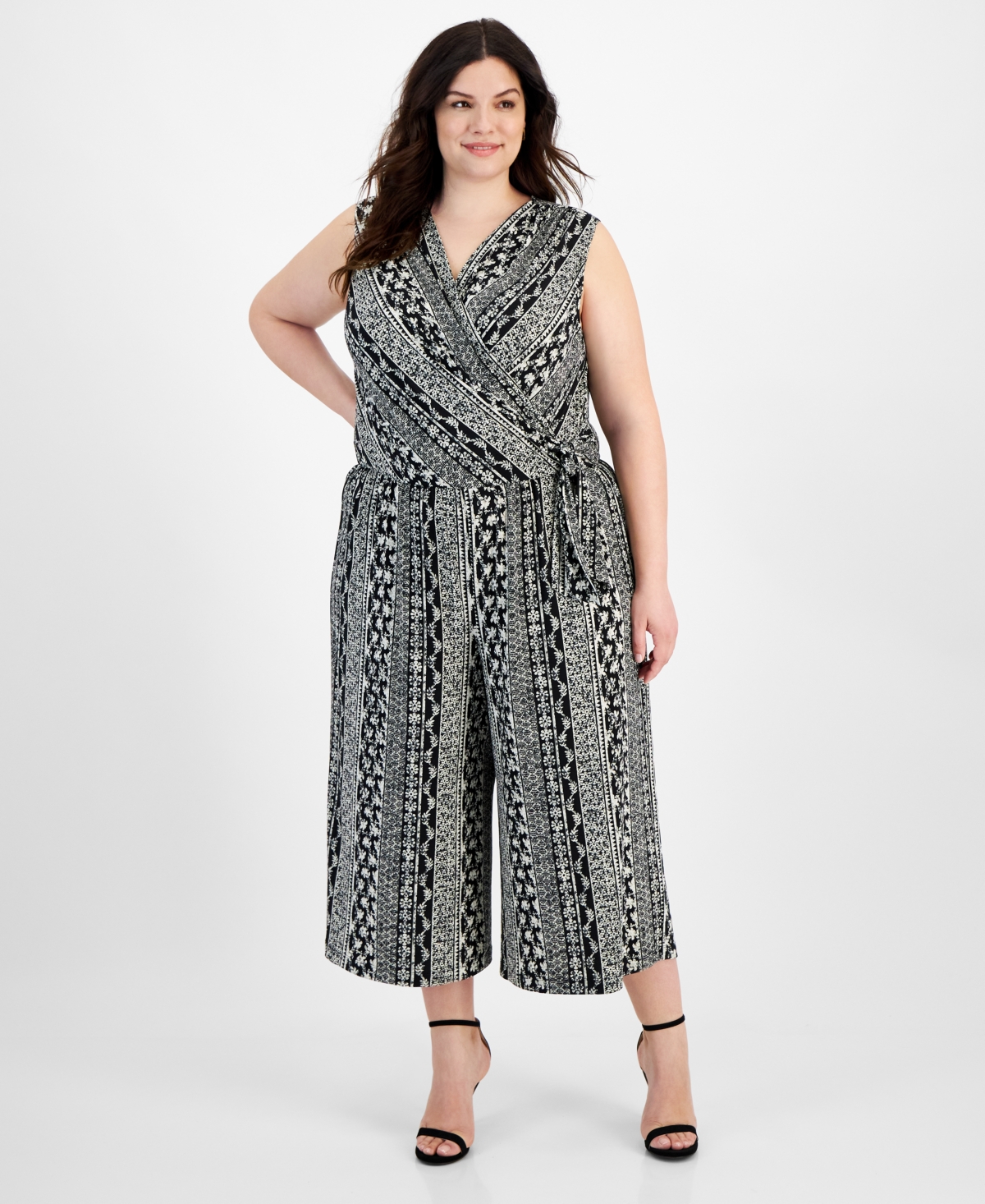 Connected Plus Size Printed Surplice Sleeveless Cropped Jumpsuit In Black