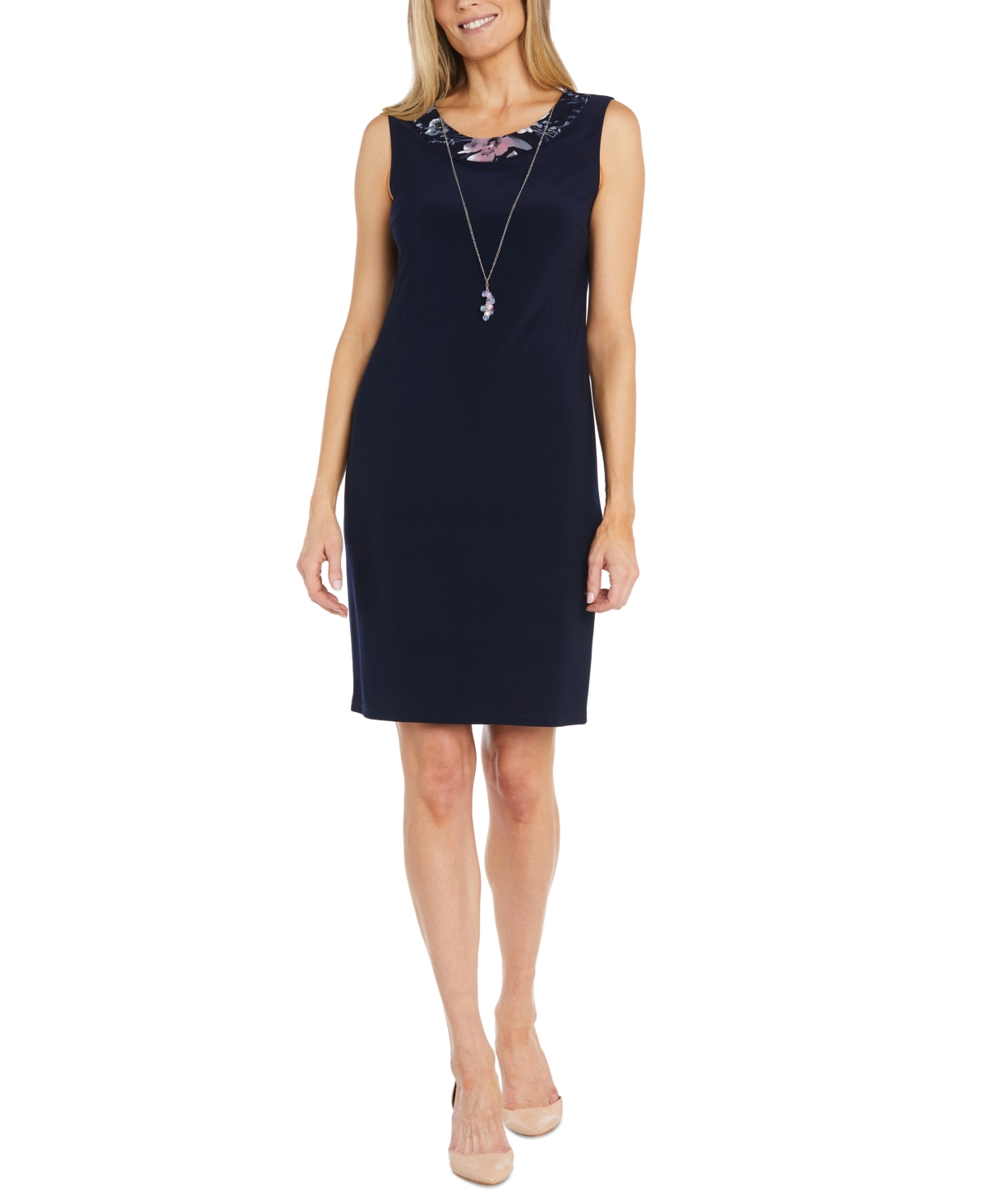 Shop R & M Richards Petite Floral Mesh Jacket And Contrast-trim Sleeveless Dress In Navy,pink