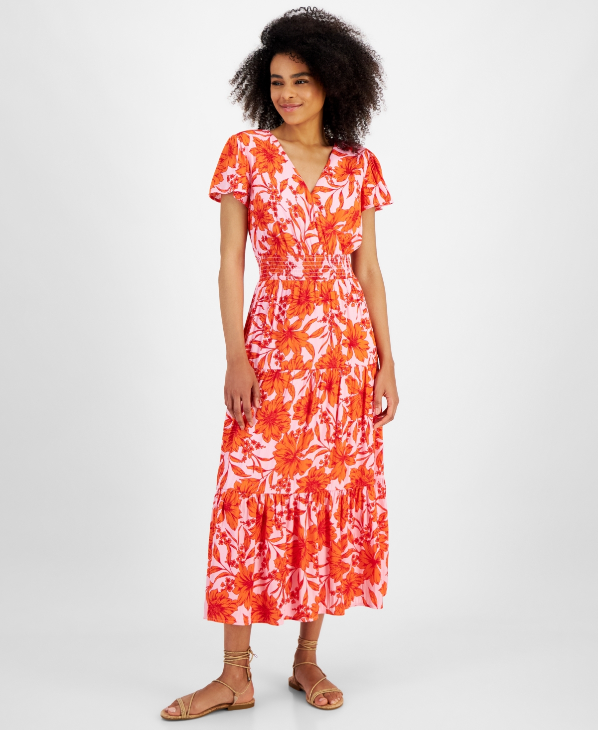 Petite Print Short-Sleeve Maxi Dress - Orange Floral Pink