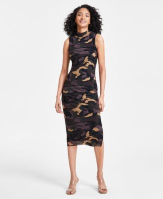 Bar III Women s Camo Print Mock Neck Sleeveless Mesh Midi Dress Created for Macy s Macy s