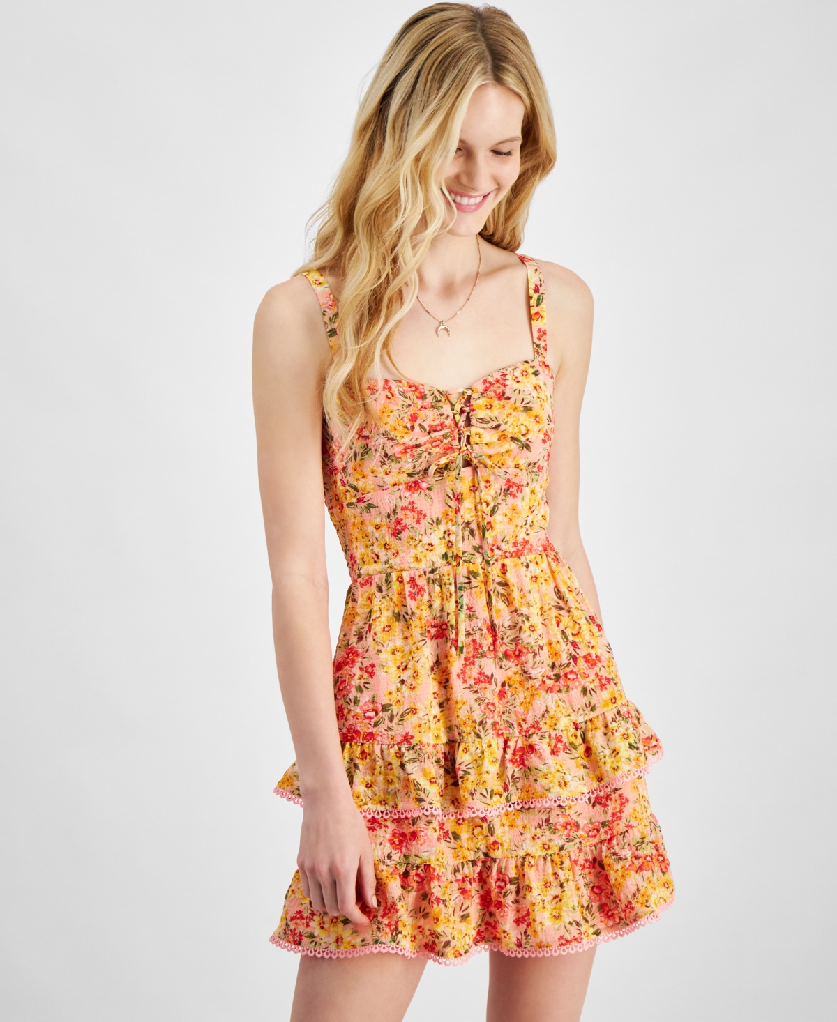 City Studios Juniors' Floral-Print Lace-Up Fit & Flare Dress -yello