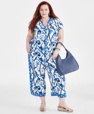 Style Co Plus Size Printed Button Front Top Printed Cropped Wide Leg Pants Created For Macys