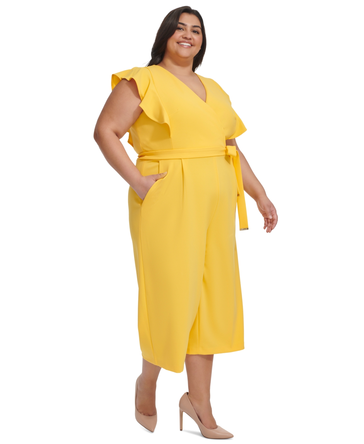 Plus Size Flutter-Sleeve Cropped Jumpsuit - Daffodil