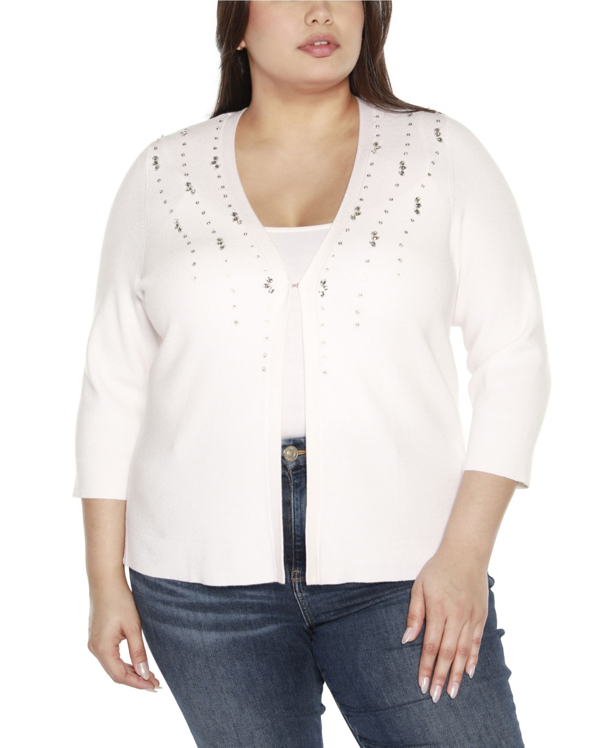 Shop Belldini Black Label Plus Size Rhinestone Embellished Open-front Cardigan Sweater In White