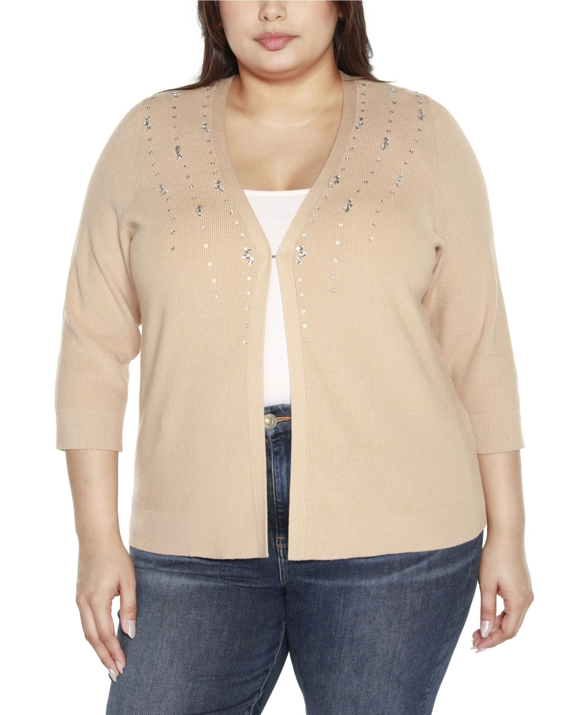 Shop Belldini Black Label Plus Size Rhinestone Embellished Open-front Cardigan Sweater In Toasted Coconut