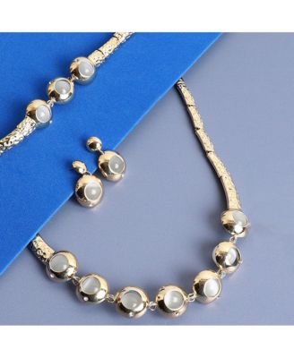 Women's Gold Metallic Circular Necklace, Earrings And Bracelet (Set Of 3)