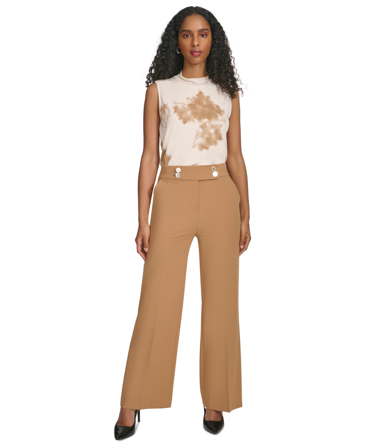 Shop Calvin Klein Petite Solid Lux High-rise Wide-leg Pants In Luggage