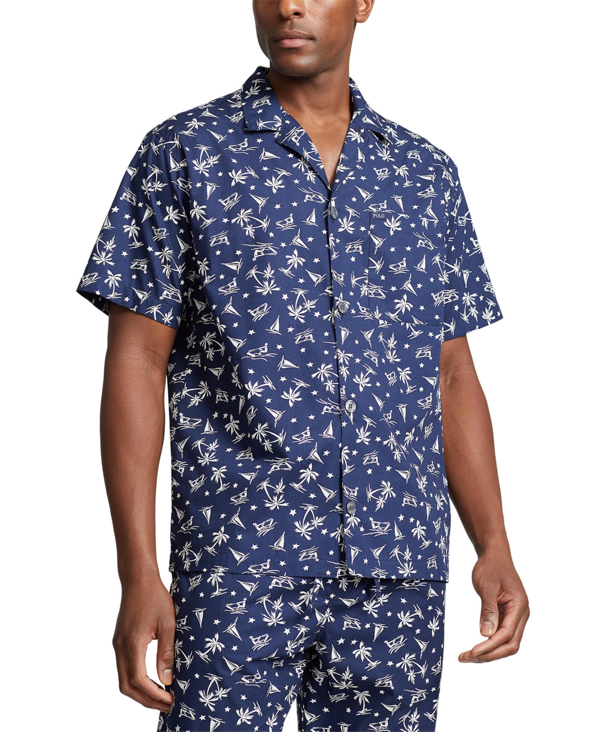 Men's Cotton Notched-Collar Pajama Shirt - CRUISE NAVY BAHAMA WAKEBOARDER PRINT