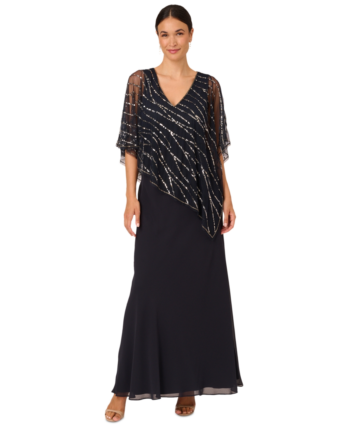 Shop Adrianna Papell Women's V-neck Beaded Popover Gown In Midnight