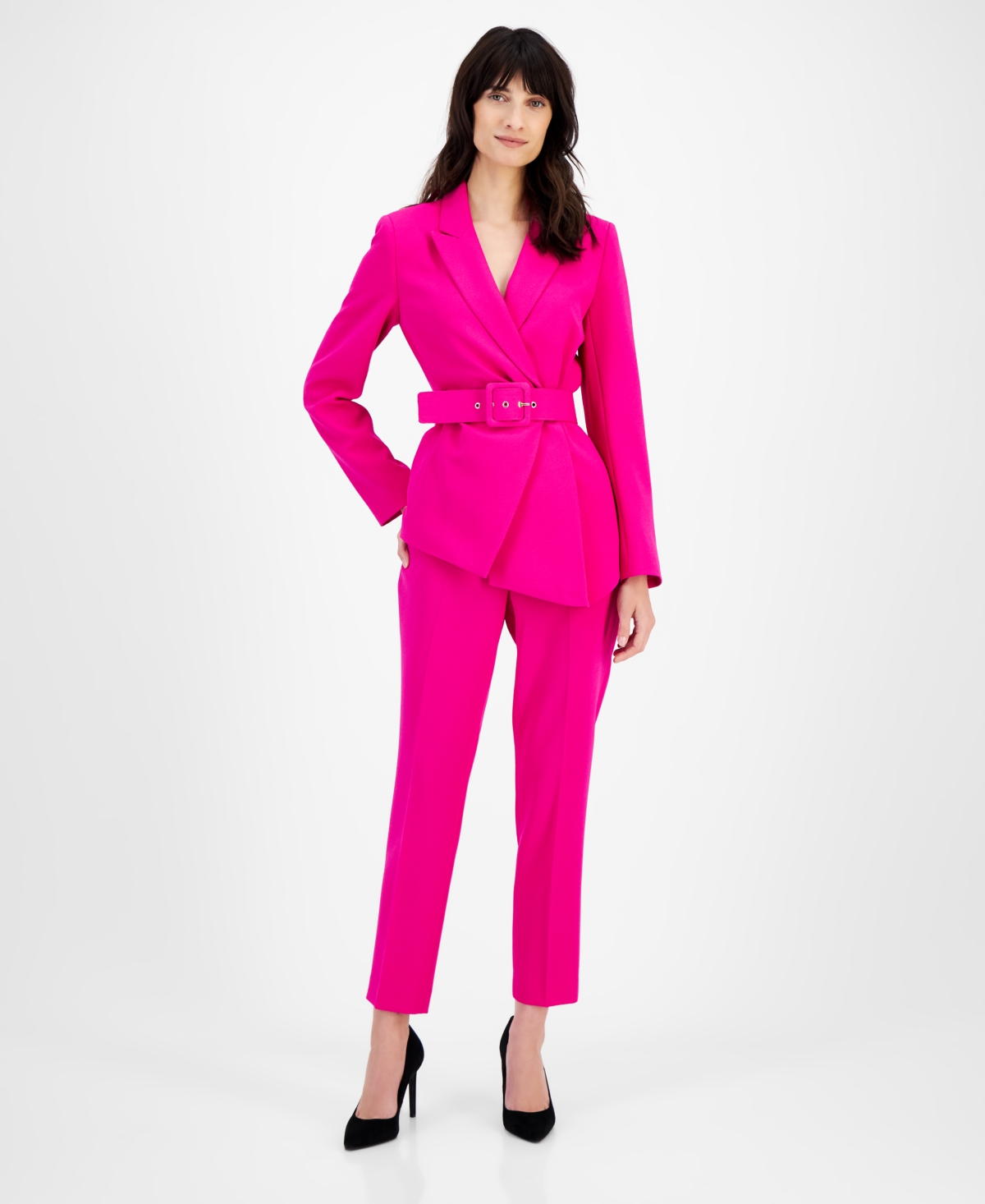 Shop Tahari Asl Belted Pantsuit In Shocking Pink