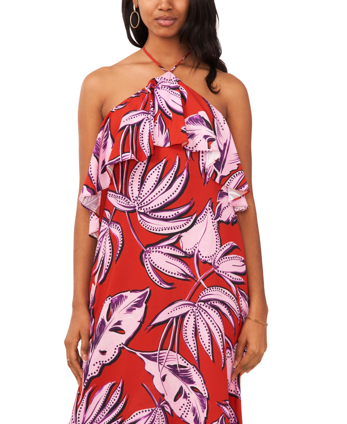 Shop 1.state Women's Tropical Print Ruffled Halter Neck Maxi Dress In Aurora Red