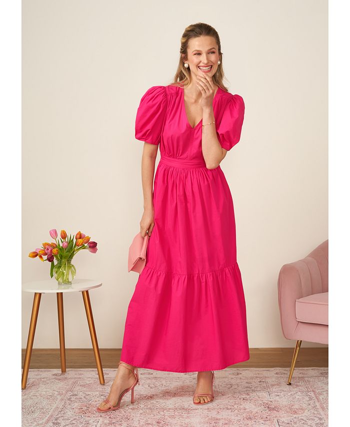CeCe Women's V-Neck Puff-Sleeve Tie-Waist Maxi Dress - Macy's