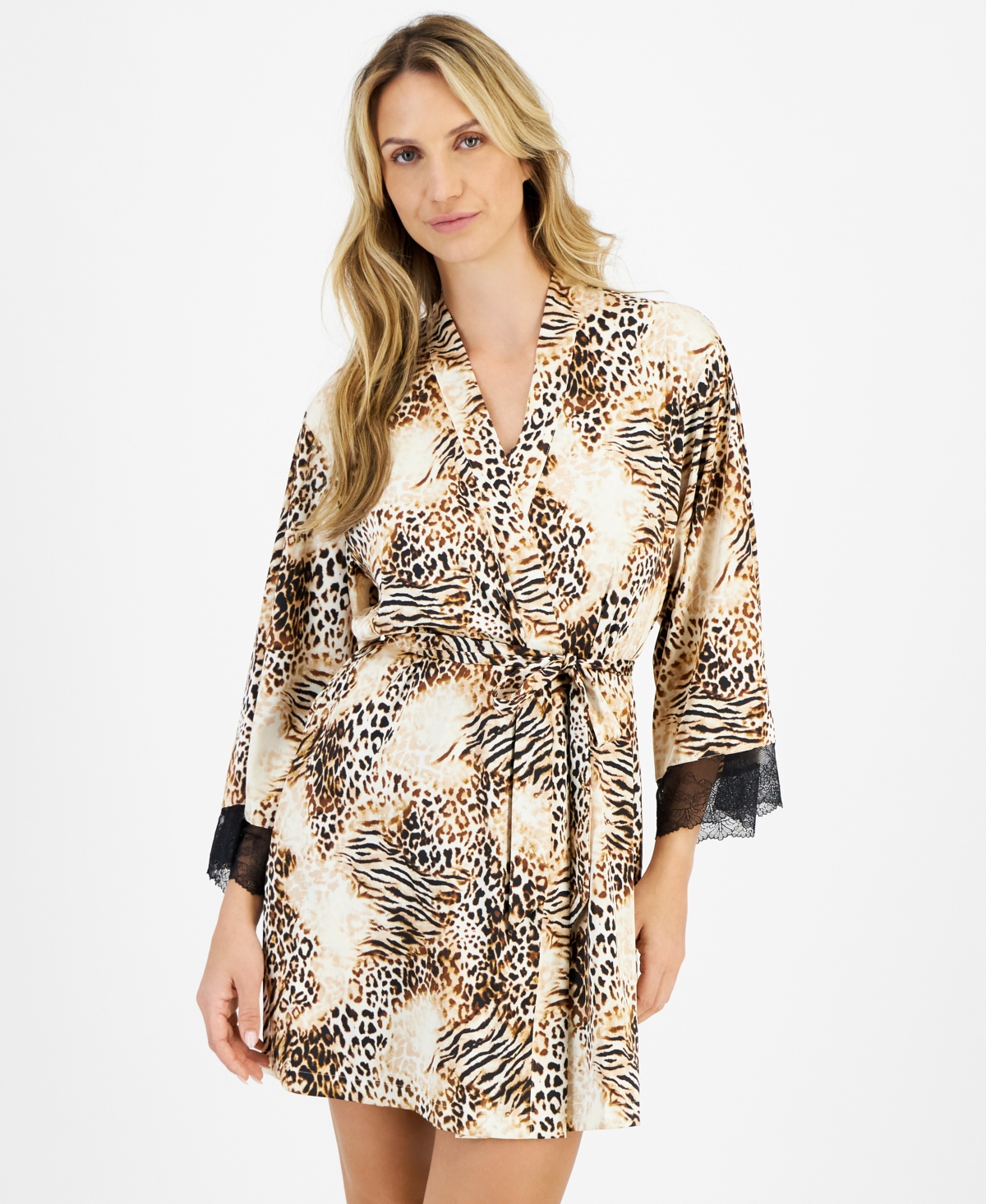 Women's Lace-Trim Animal-Print Stretch Satin Robe, Created for Macy's - Mixed Animal