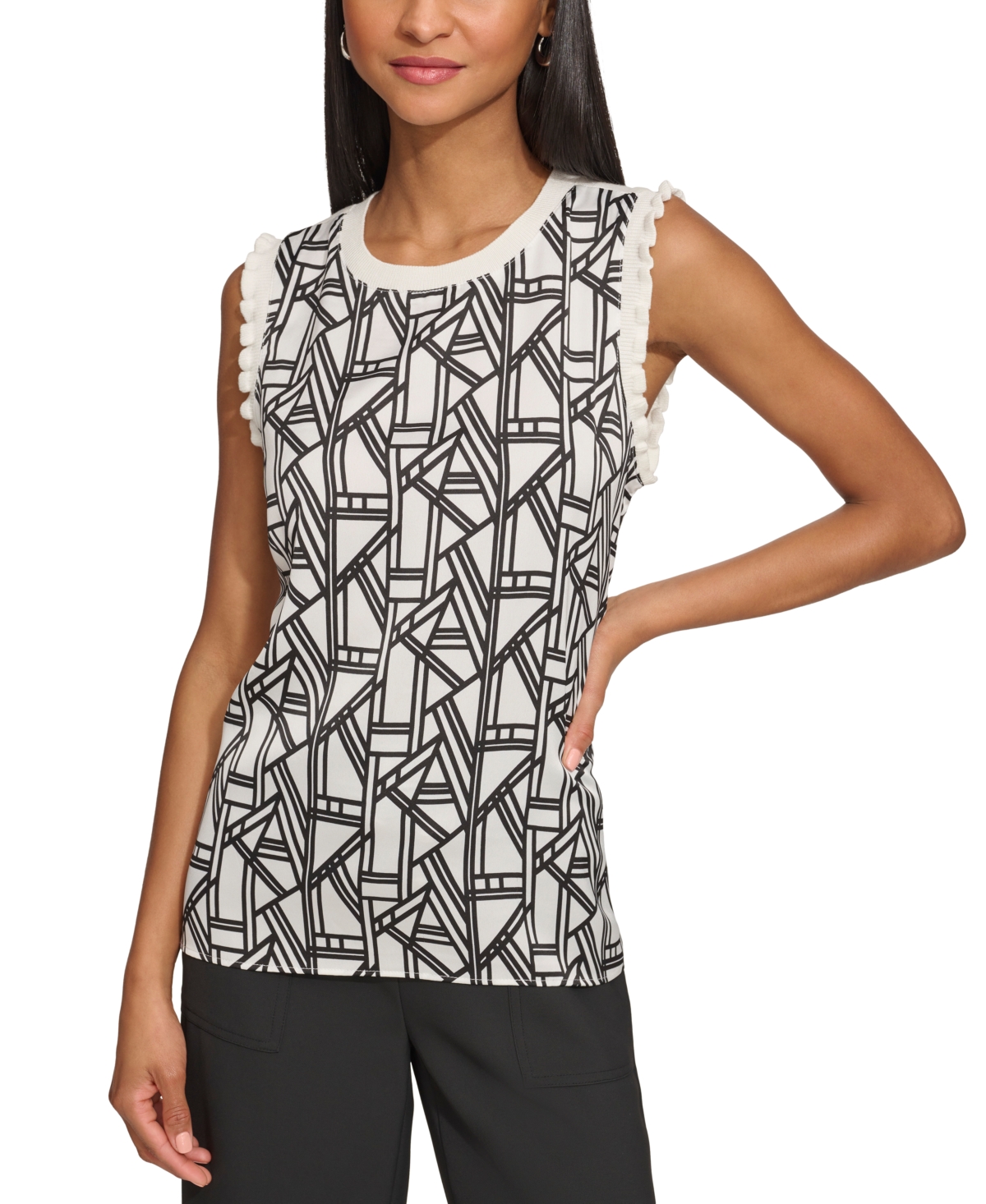 Women's Geometric-Print Mixed-Media Ruffle-Trim Sweater - Soft White  Black