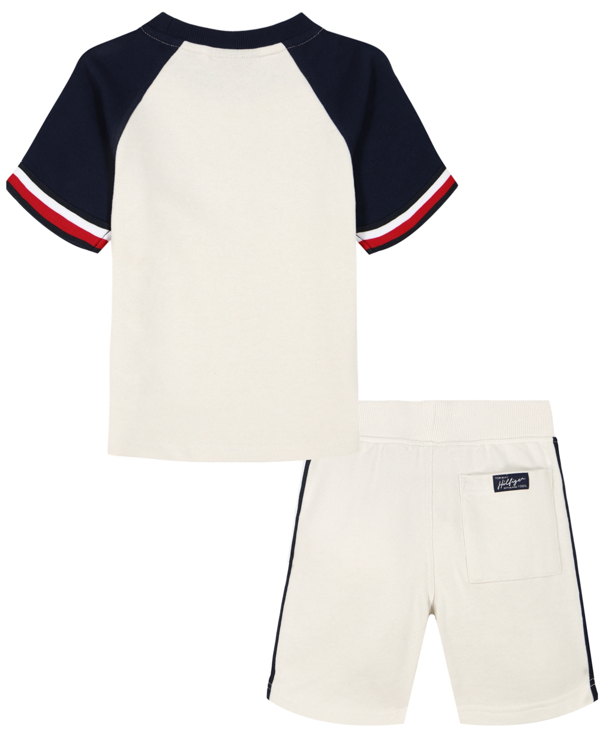 Shop Tommy Hilfiger Baby Boys Collegiate Logo Short Sleeve Raglan T-shirt And Knit Shorts Set In White,navy