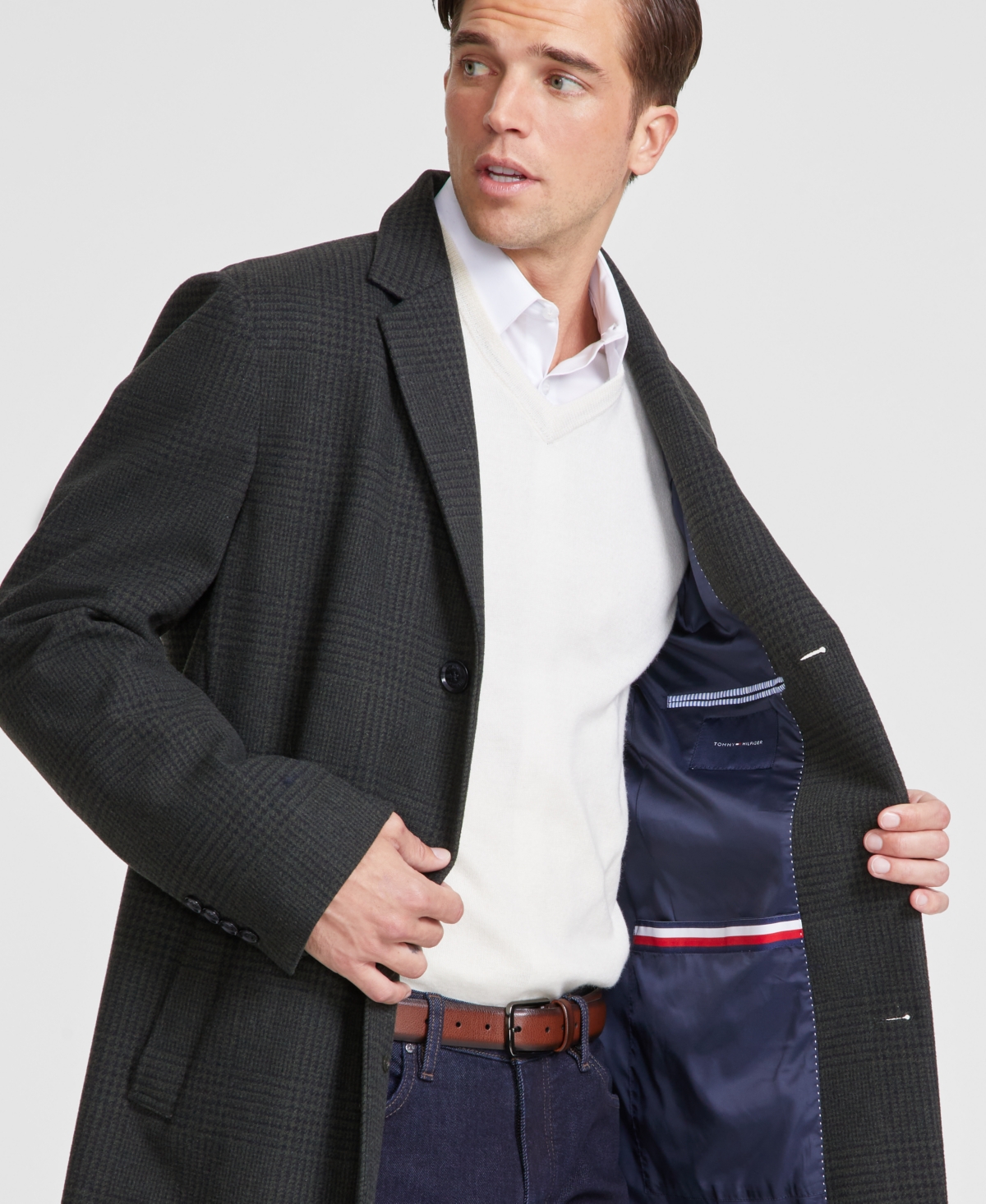 Tommy Hilfiger Men's Modern-Fit PlaidOvercoat - Olive Charcoal