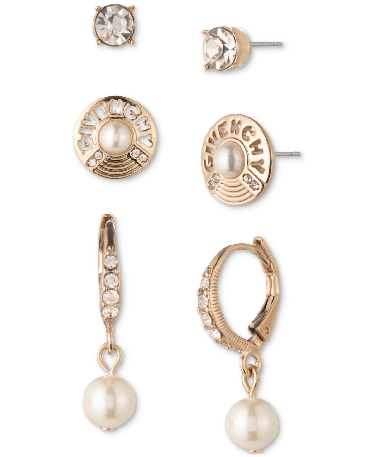 Gold-Tone 3-Pc. Set Pave, Imitation Pearl & Logo Earrings - White